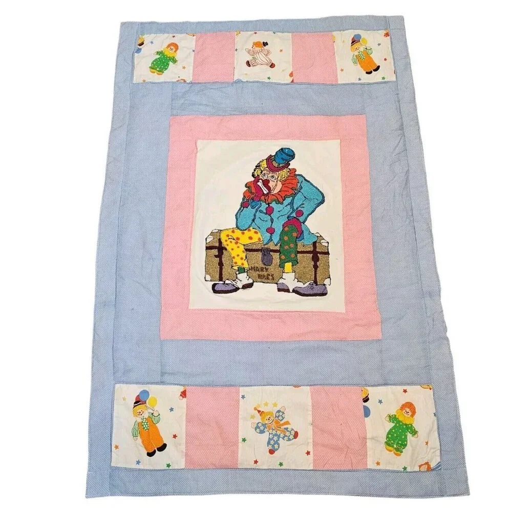 Vintage 80s Clown‎ Kids Quilt Patchwork Applique 40x60 Baby Tummy Time Handmade